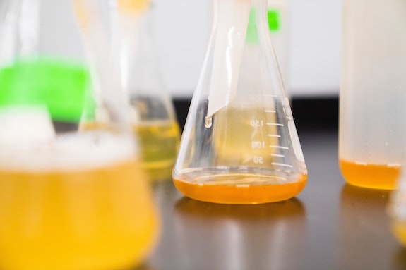 Erlenmeyer flasks filled with a yellow solution.