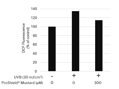 A bar graph showing Proshield Mustard decreasing DCF fluorescence in Hs68, which corresponds to decreasing ROS production in Hs68.