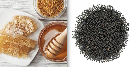 A photo of honey and honeycomb on the left and black mustard seeds on the right.