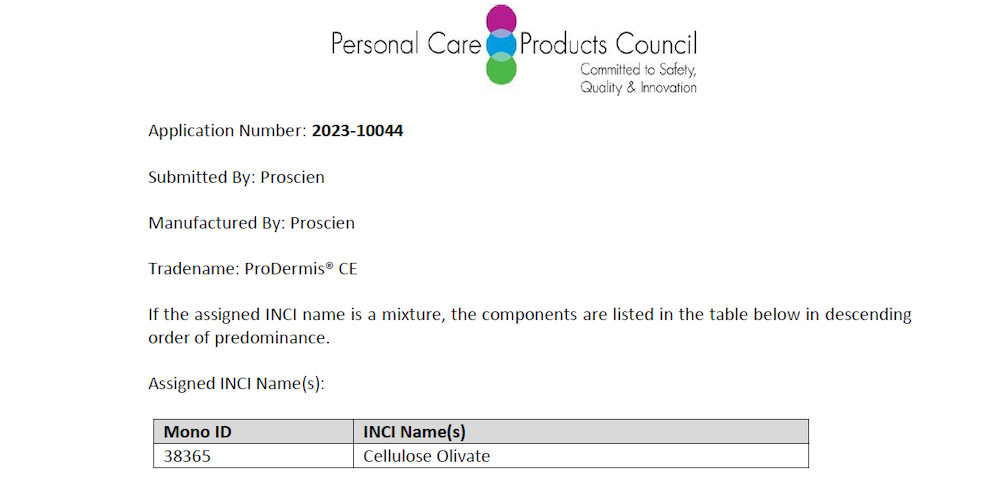 A page from the Personal Care Products Council indicating that for application 2023-10044 submitted by Proscien, Proscien's product ProDermis CE has been assigneed the INCI name Cellulose Olivate.