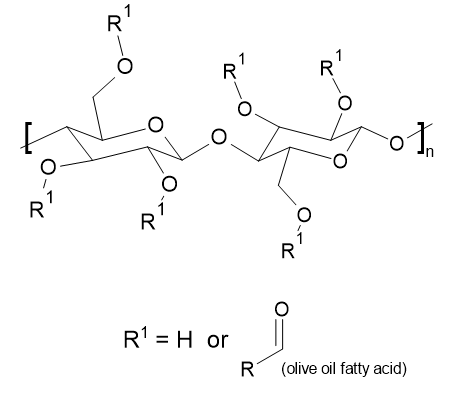 The chemical structure of cellulose olivate, which is similar to cellulose, except that it contains olive oil fatty acids instead of hydroxyl groups.