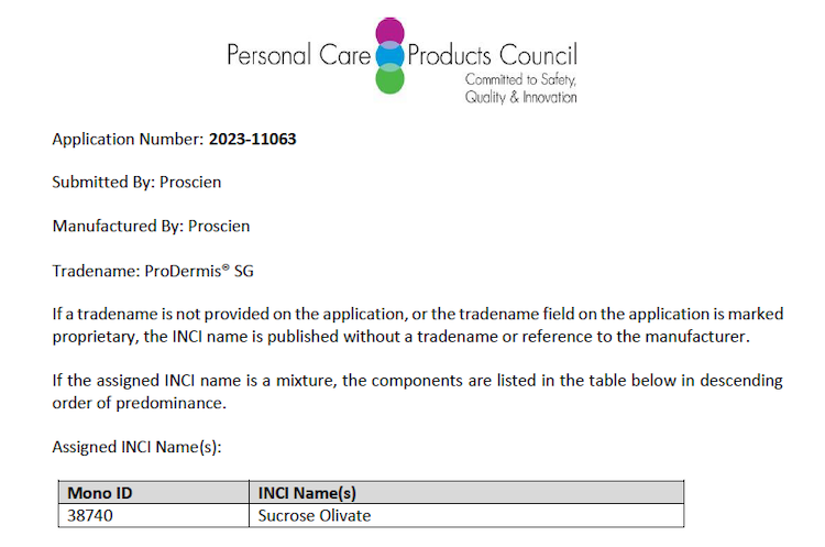 A page from the Personal Care Products Council indicating that for application 2023-11063 submitted by Proscien, Proscien's product ProDermis SG has been assigneed the INCI name Sucrose Olivate.